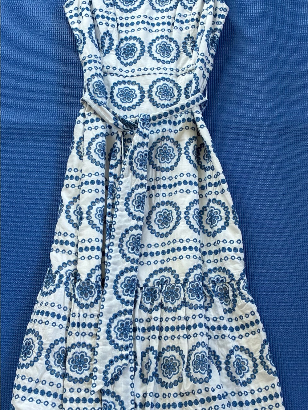 Boden White and Blue Printed Tie-Waist Maxi Dress